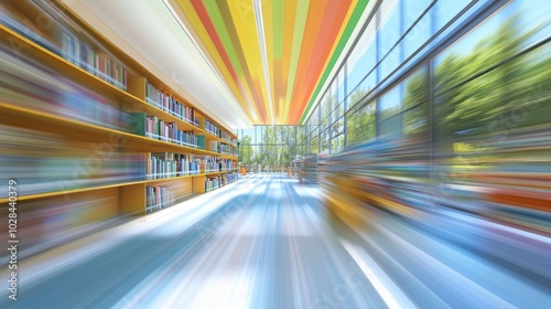 A modern library interior with colorful ceilings and shelves filled with books.