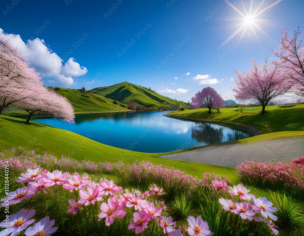 Vibrant spring scene with green hills, a lake, pink trees, and flowers under sunny skies. Vibrant spring scene with green hills, a lake, pink trees, and flowers under sunny skies.