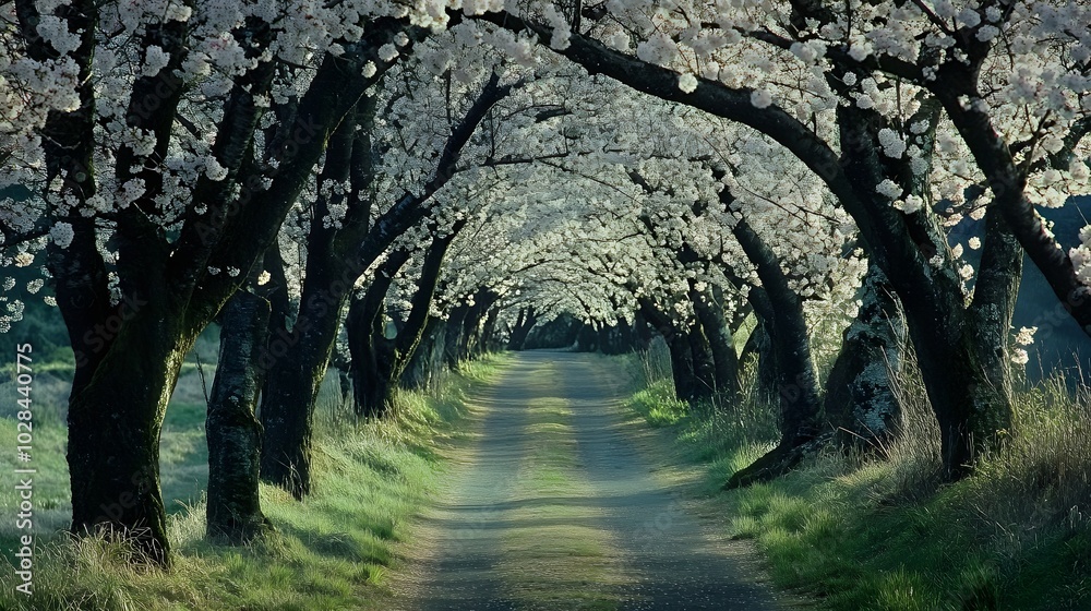 85. A quiet path lined with blooming cherry blossom trees, creating a serene tunnel 85. A quiet path lined with blooming cherry blossom trees, creating a serene tunnel