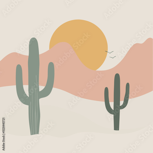 A rugged desert landscape with towering cacti and a dramatic sunset