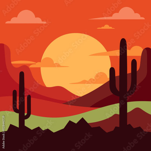 A rugged desert landscape with towering cacti and a dramatic sunset