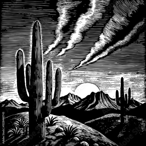A rugged desert landscape with towering cacti and a dramatic sunset