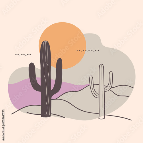 A rugged desert landscape with towering cacti and a dramatic sunset