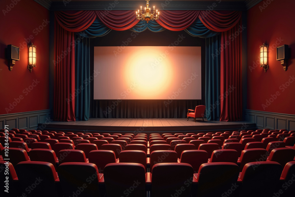 Fototapeta premium Empty theater with red seats and lighted stage awaiting audience