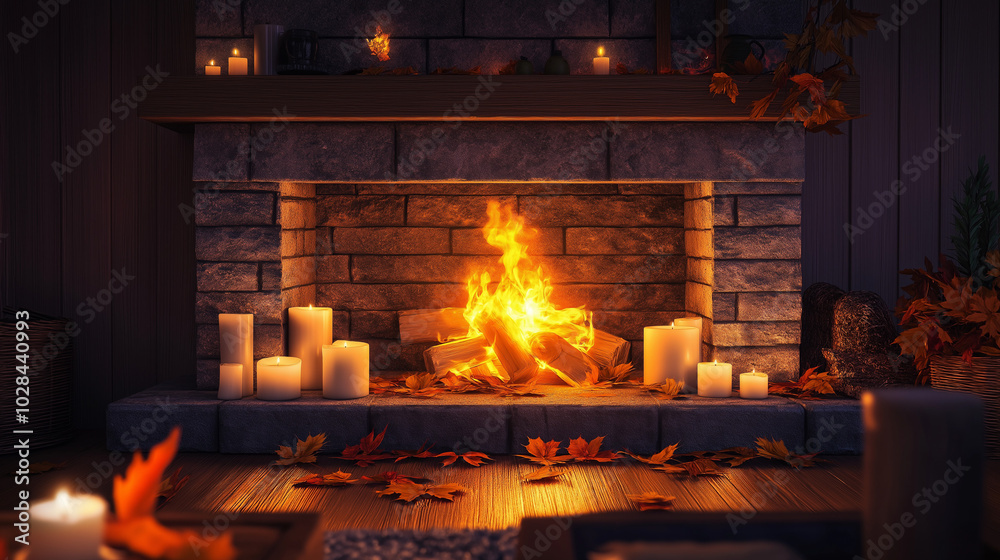 Cozy living room with fireplace and holiday decorations for Thanksgiving Cozy living room with fireplace and holiday decorations for Thanksgiving
