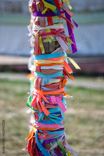 A tree is decorated with colorful ribbons photo