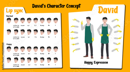 A happy housekeeper cartoon character AKA David. Caretaker cartoon vector character. Happy face expressions and lip sync. Set of caretaker with various hand gesture and front and 1/3 standing pose.