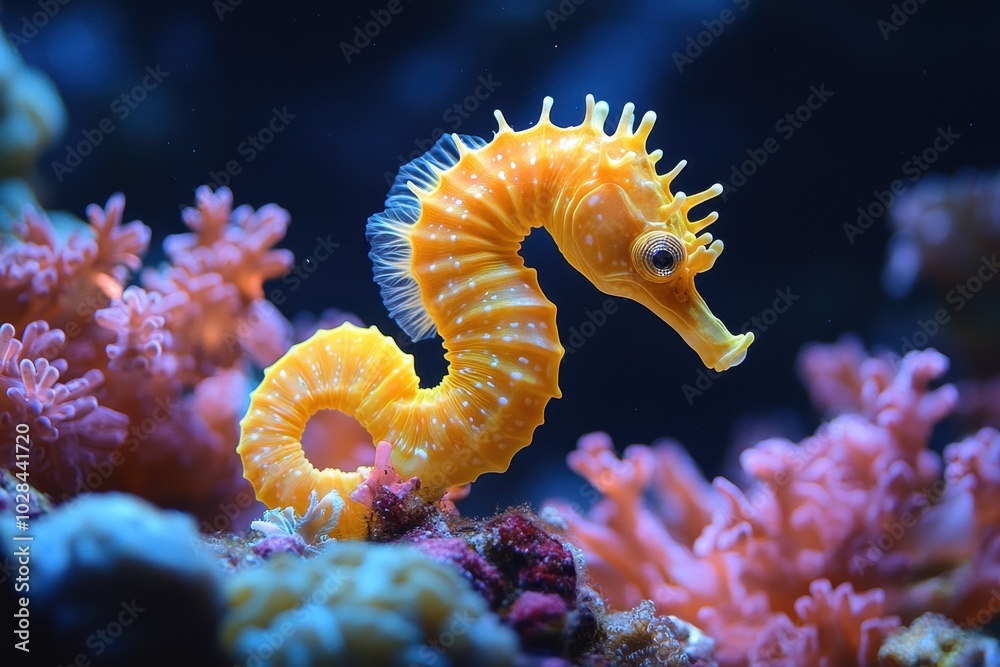 Beautiful Yellow Seahorse Swimming Among Corals in Dark Blue Sea – Underwater Effect with Pink Coral Branches
Beautiful Yellow Seahorse Swimming Among Corals in Dark Blue Sea – Underwater Effect with Pink Coral Branches