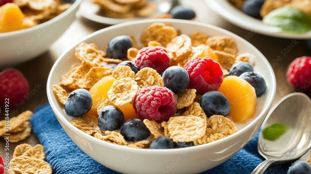 Close-up of a bowl of cereal with milk, fruit, and a spoon. Close-up of a bowl of cereal with milk, fruit, and a spoon.