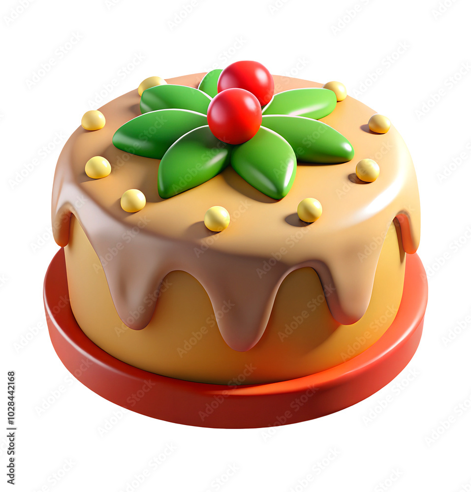 A 3D Christmas cake icon in red and gold, designed in a minimal cartoon style. Perfect for holiday-themed collections and designs. A 3D Christmas cake icon in red and gold, designed in a minimal cartoon style. Perfect for holiday-themed collections and designs.