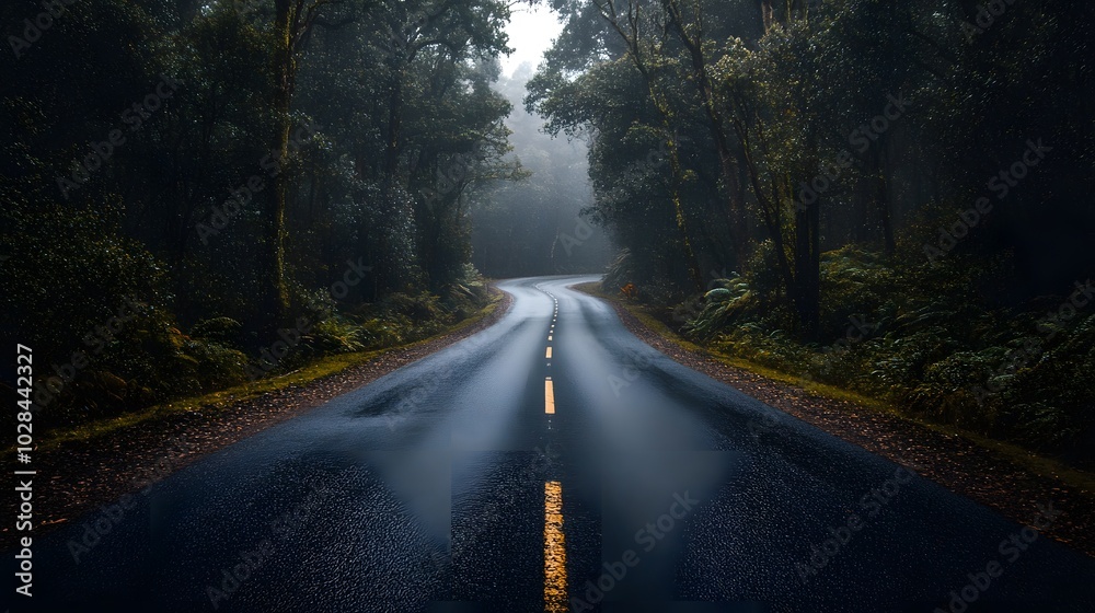 Fototapeta premium 86. An empty road leading through a dense forest, creating a sense of adventure