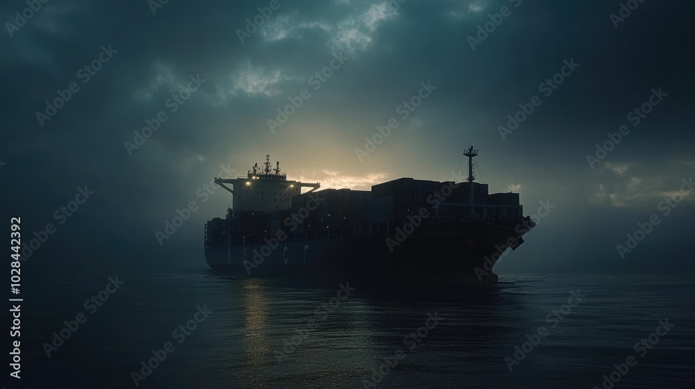 Fototapeta premium A cargo ship navigates through foggy waters at dawn, silhouetted against the light.
