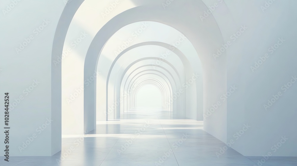 A long hallway with white arches and a bright light at the end. A long hallway with white arches and a bright light at the end.