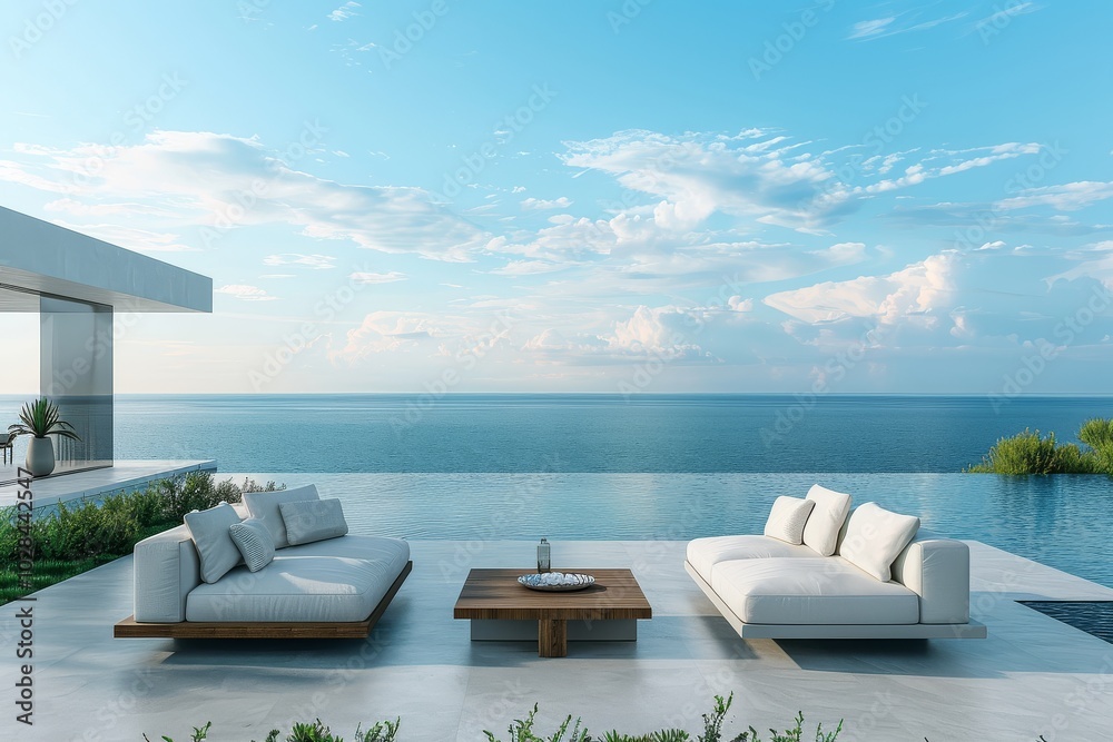 Fototapeta premium Beach-style outdoor sofa with modern wooden coffee tables on concrete slabs, overlooking green grass and an infinity pool with an ocean view under a blue sky.