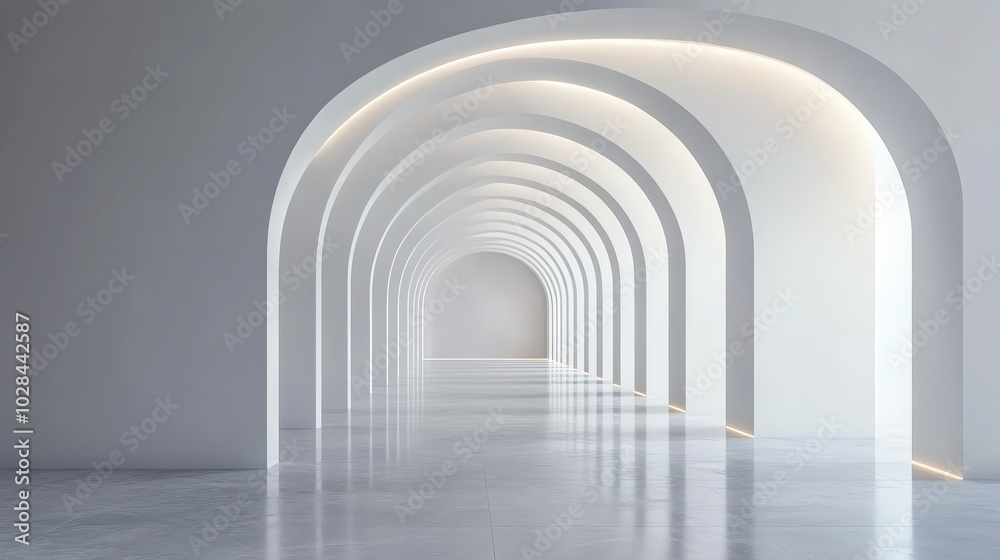 A long hallway with white arches and a bright light at the end. A long hallway with white arches and a bright light at the end.