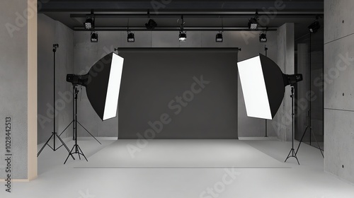 An empty photo studio with two lights and a grey backdrop.