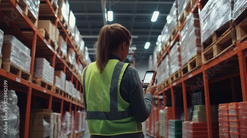 A warehouse worker uses a handheld device while surrounded by shelves of products.