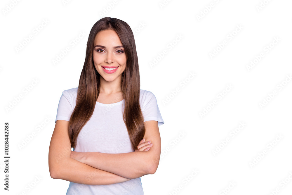 Portrait of her she nice-looking attractive lovely groomed cheerful cheery straight-haired lady folded arms weekend isolated over bright vivid shine blue green teal turquoise background Portrait of her she nice-looking attractive lovely groomed cheerful cheery straight-haired lady folded arms weekend isolated over bright vivid shine blue green teal turquoise background