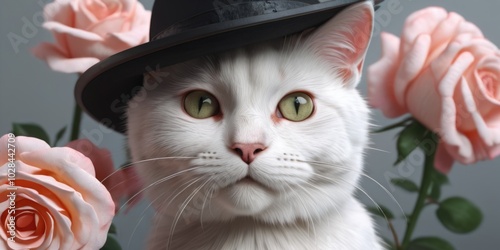 A stylish white cat wearing a black hat posed among pink roses, showcasing an elegant charm and playful demeanor