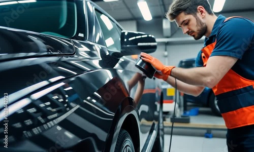 Professional Car Detailing:  A Mechanic Polishing a Black Car