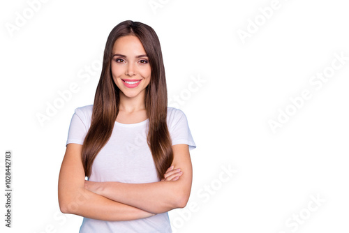 Portrait of her she nice-looking attractive lovely groomed cheerful cheery straight-haired lady folded arms weekend isolated over bright vivid shine blue green teal turquoise background