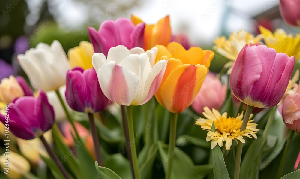 A vivid and vibrant display of various flowers including colorful tulips, Generative AI A vivid and vibrant display of various flowers including colorful tulips, Generative AI