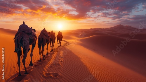 Caravane de Chameaux dans les Dunes du Sahara au Coucher de Soleil – Espace pour le Texte