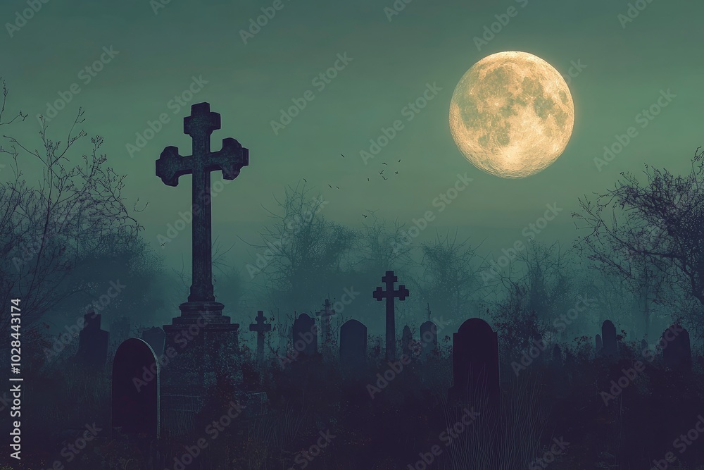 halloween cemetery in front of woodlands with full moon with generative ai halloween cemetery in front of woodlands with full moon with generative ai