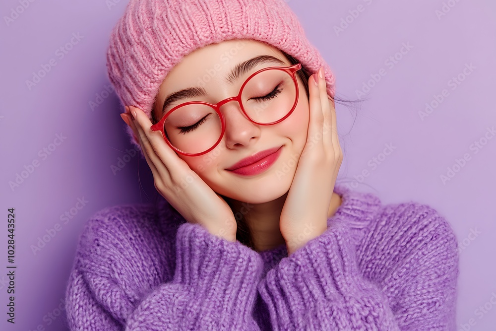 Young Woman in Purple Sweater and Pink Hat Smiling Young Woman in Purple Sweater and Pink Hat Smiling