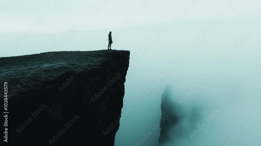 Obraz premium The Unknown Result: A person standing at the edge of a cliff, jumping into a misty fog below, symbolizing taking action despite not knowing the outcome