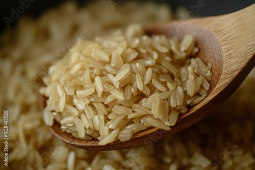 Pile of Brown rice with a wooden spoon close up - generative ai photo