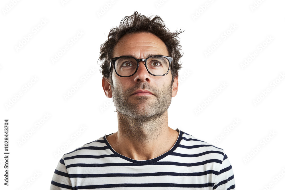 Portrait of a man in glasses showing a contemplative expression in a striped t-shirt on a transparent background Portrait of a man in glasses showing a contemplative expression in a striped t-shirt on a transparent background