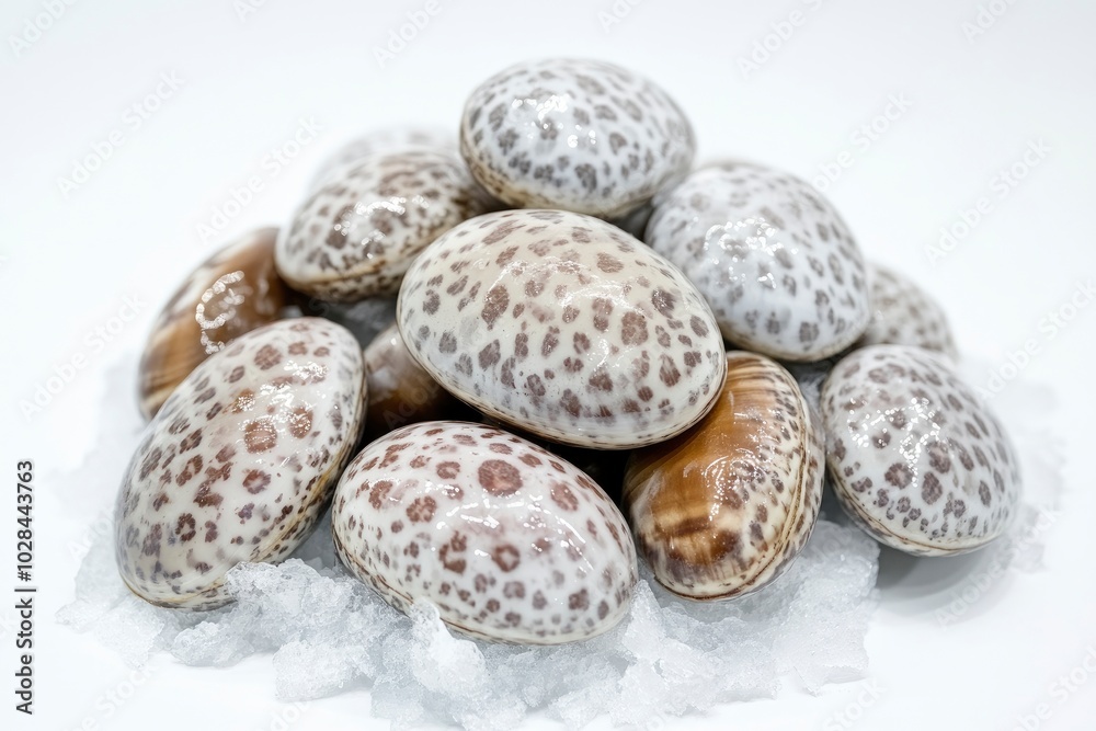 Pile of spotted babylon in ice. It is a single shell and quite thick oval, Smooth surface, The shell has a white background and a large brown rectangular - generative ai Pile of spotted babylon in ice. It is a single shell and quite thick oval, Smooth surface, The shell has a white background and a large brown rectangular - generative ai