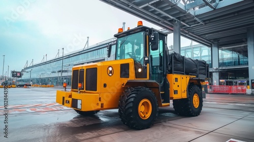 Tow tractor pulling luggage carts at airport apron