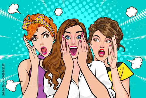 Woman whispering gossip secret to her friend surprise In Retro Vintage Pop Art Comic Style