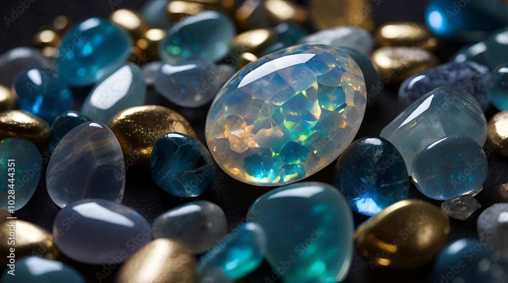 Collection Of Polished Gemstones With A Luminous Opal Centerpiece Surrounded By Smooth Blue And Gold Stones Creating A Radiant Display Collection Of Polished Gemstones With A Luminous Opal Centerpiece Surrounded By Smooth Blue And Gold Stones Creating A Radiant Display