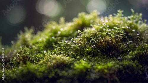 Close-Up View Of Lush Green Moss With Dew Drops Glimmering In Soft Light Creating A Serene And Organic Nature Scene