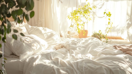 A white bed with white linens and pillows, with sunlight streaming through the window.