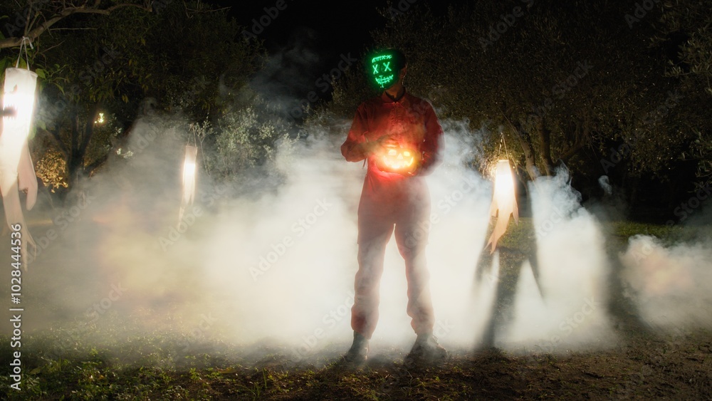 Fototapeta premium Anonymous Man Mask In A Scary Foggy Forest At Night Halloween