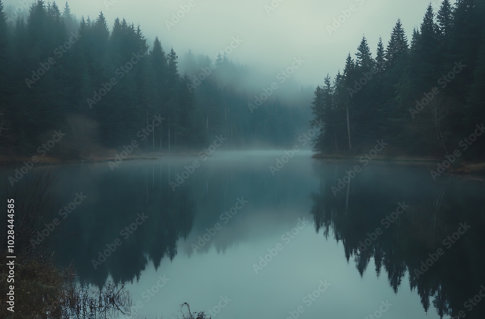A serene lake surrounded by dense fog A serene lake surrounded by dense fog