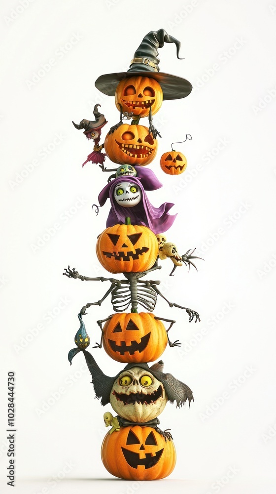 A creative Halloween display featuring a stack of carved pumpkins, skeletons in witch hats, ghosts, and bats, creating a whimsical and spooky scene. A creative Halloween display featuring a stack of carved pumpkins, skeletons in witch hats, ghosts, and bats, creating a whimsical and spooky scene.
