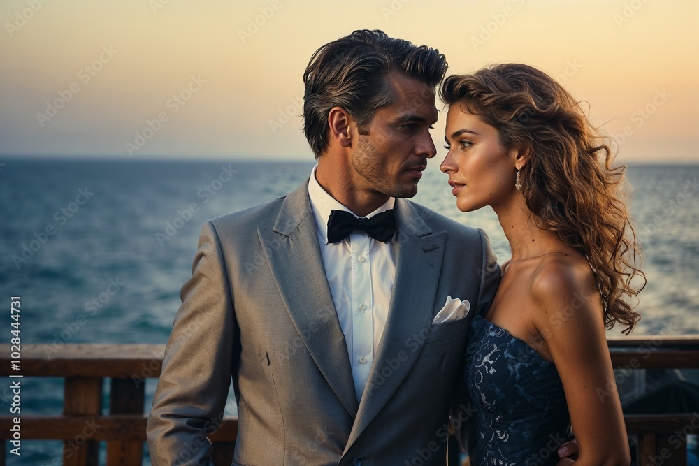 Couple in elegant evening attire gazing into each other’s eyes, romantic sunset by the sea Couple in elegant evening attire gazing into each other’s eyes, romantic sunset by the sea