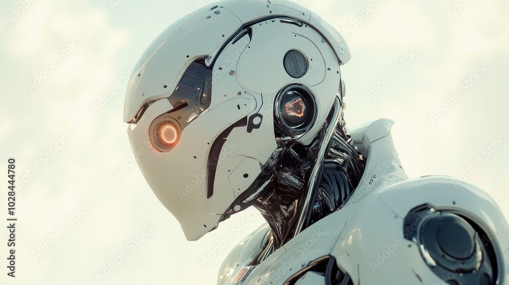 Fototapeta premium A Close-Up of a White Robot's Head with a Glowing Orange Eye