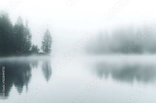 A serene lake surrounded by dense fog