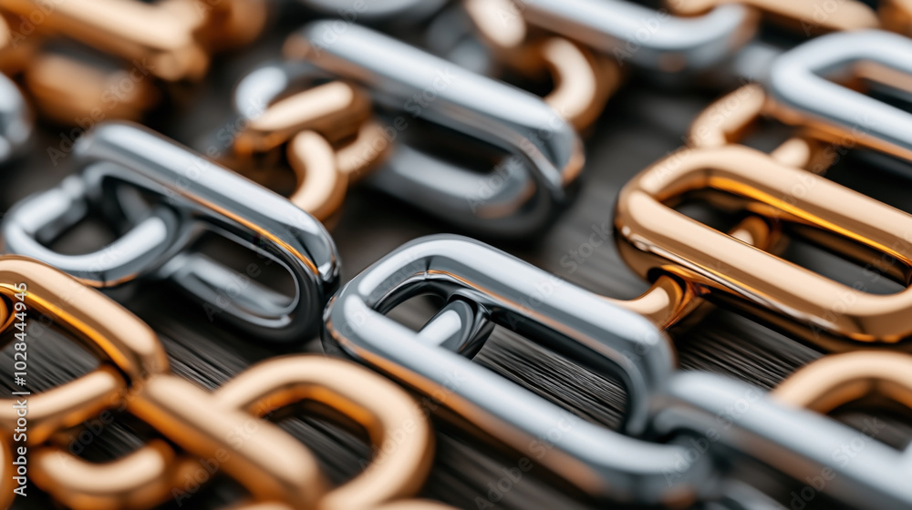 Close-up view of interlocked metallic chain links in bronze and silver colors on a textured surface.