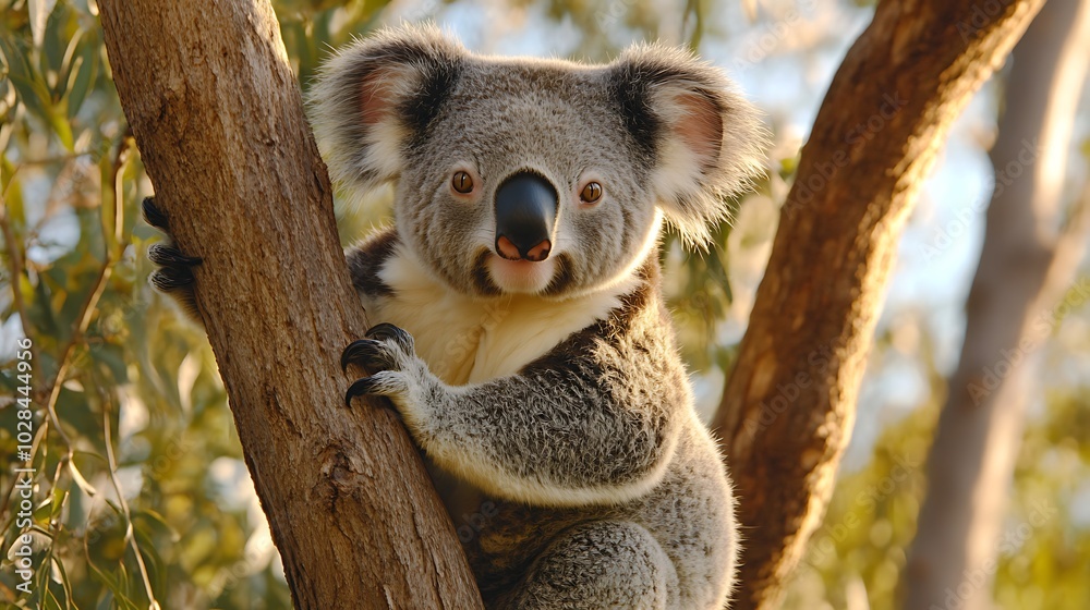 Curious Koala Peers from Eucalyptus Tree with Alert Expression Curious Koala Peers from Eucalyptus Tree with Alert Expression