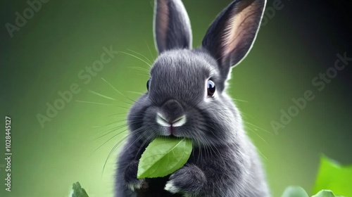 Adorable baby rabbit bunny eating vegetable sitting on green grass spring time over bokeh nature background. Cuddly furry rabbit eat fresh vegetable at outdoor. Easter animal concept.