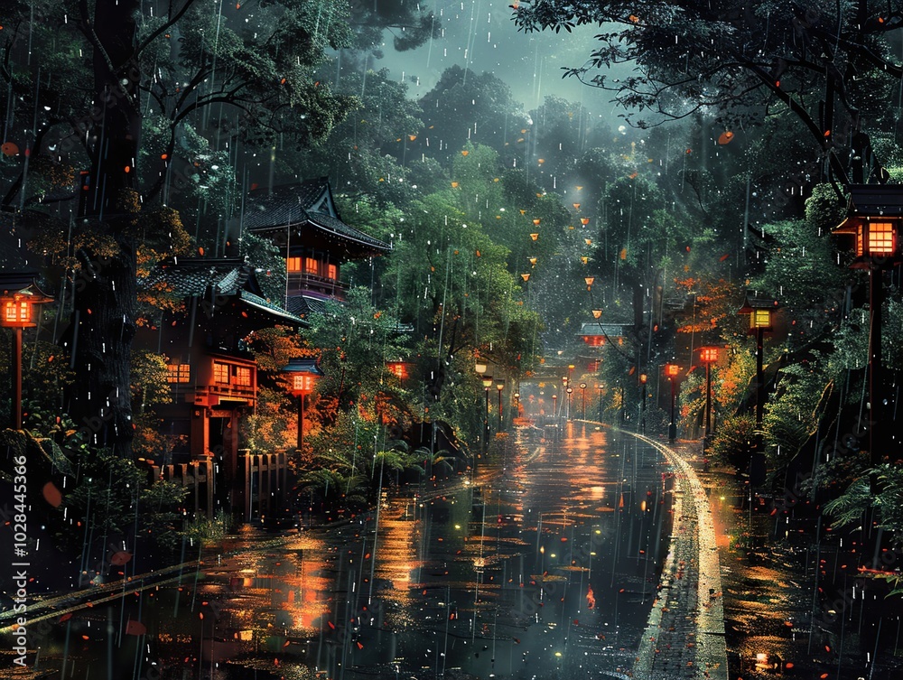 Rainy Night in a Japanese Garden Rainy Night in a Japanese Garden