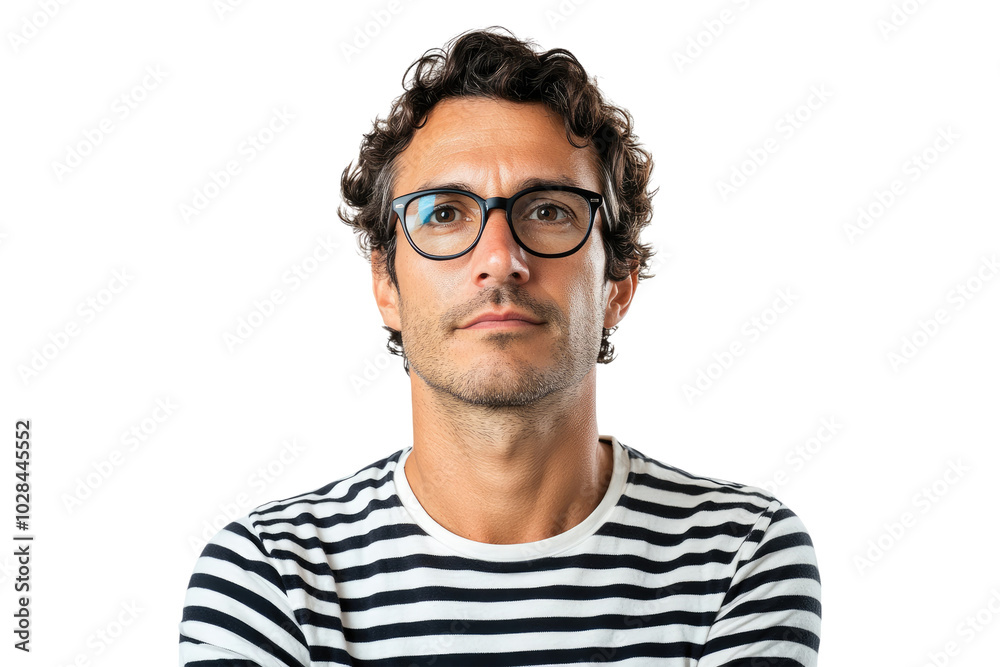 Portrait of a man in glasses showing a contemplative expression in a striped t-shirt on a transparent background Portrait of a man in glasses showing a contemplative expression in a striped t-shirt on a transparent background