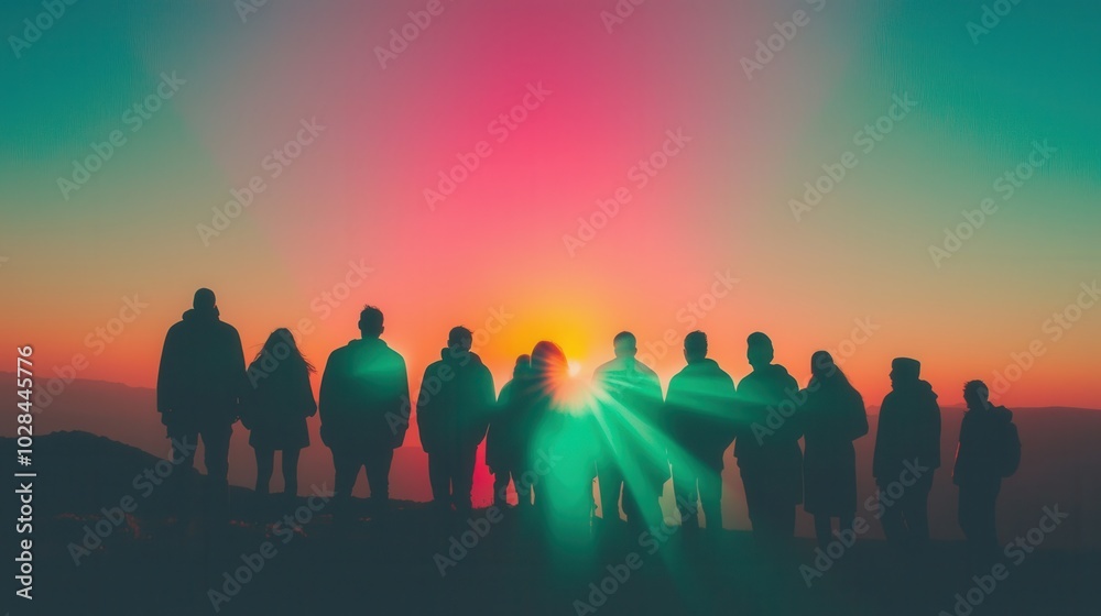Varying Sunlight Rays: A group of people standing under the same sky, but each person is illuminated by different intensities and hues of sunlight Varying Sunlight Rays: A group of people standing under the same sky, but each person is illuminated by different intensities and hues of sunlight